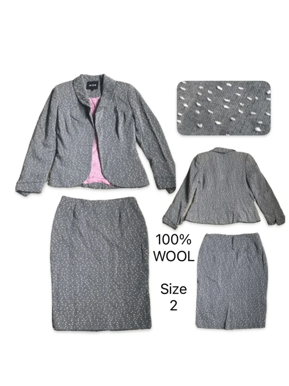 🇨🇦 100% Wool Pencil Skirt & Jacket Set - Size 2 - Gray/White • Made in Canada - Picture 13 of 16
